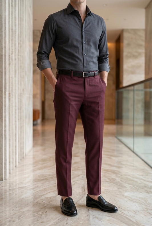Men'sBurgundy Textured Tailored Slim-Fit Trousers