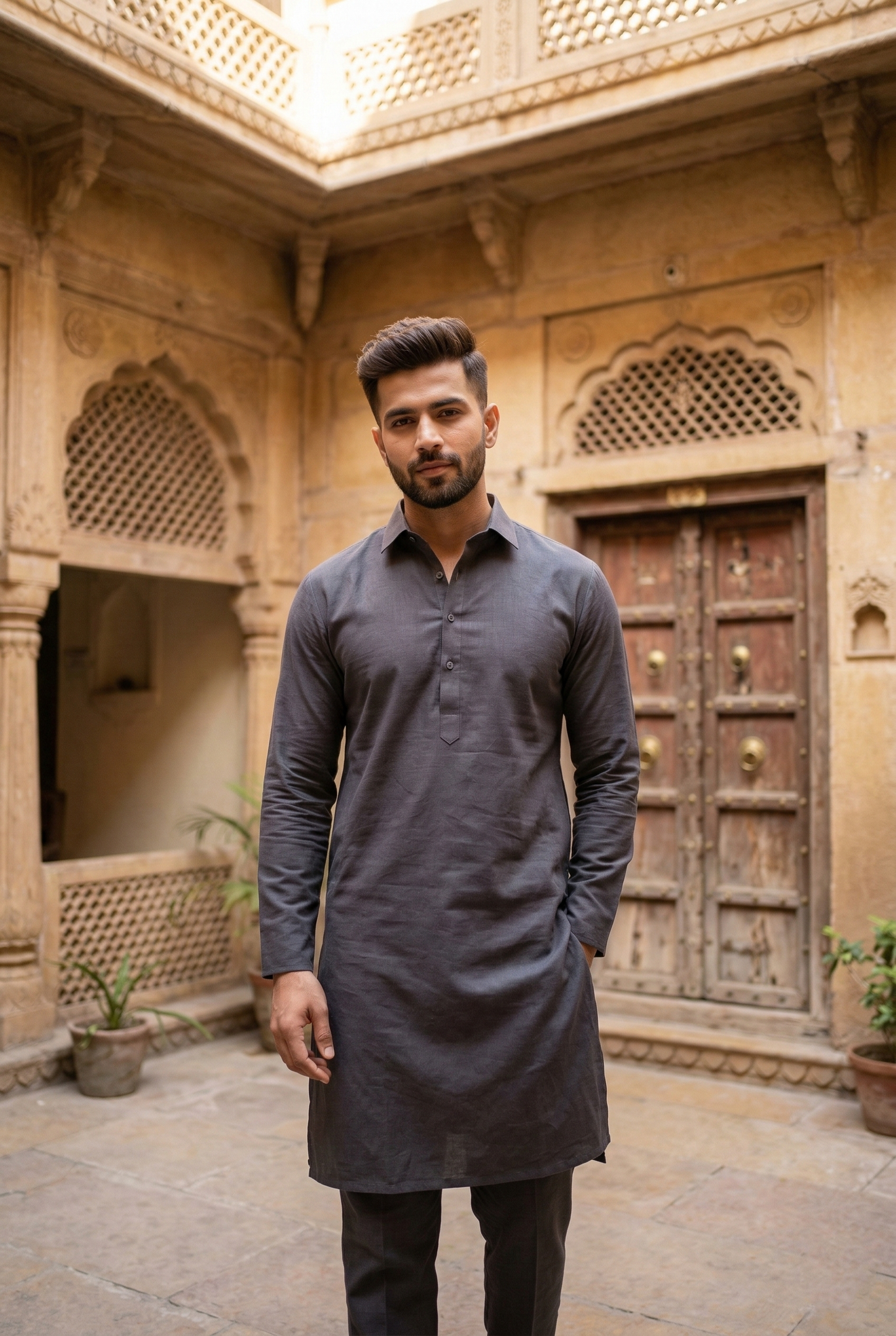Men's Charcoal Grey Linen-Blend Plain Kurta Pajama Set