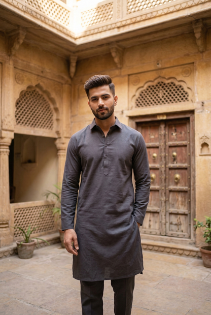 Men's Charcoal Grey Linen-Blend Plain Kurta Pajama Set