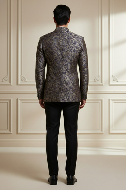 Men'sPremium Navy Blue & Gold Silk Jacquard Jodhpuri Suit