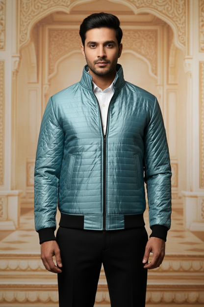 Men's Premium Metallic Teal Quilted Bomber Jacket , Slim Fit Mock Neck Puffer with Ribbed Cuffs