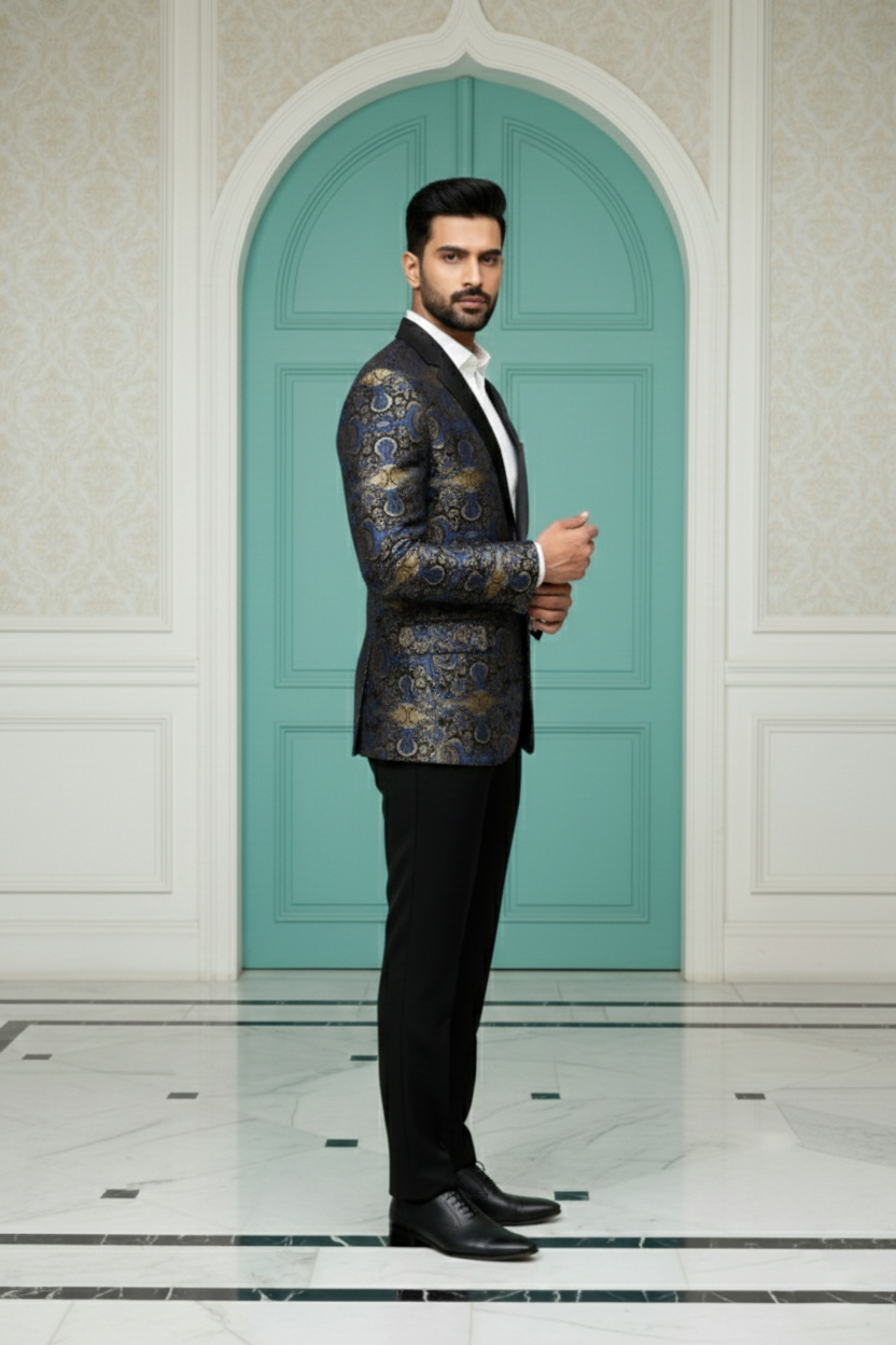 Midnight Blue & Gold Royal Paisley Jacquard Tuxedo Blazer