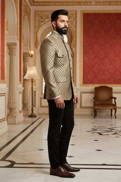 Men's Premium Gold Jacquard Jodhpuri Safari Jacket