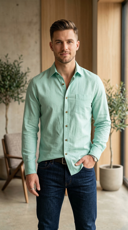 Men'sCasual Lightweight Linen-Blend Shirt in Pastel Mint