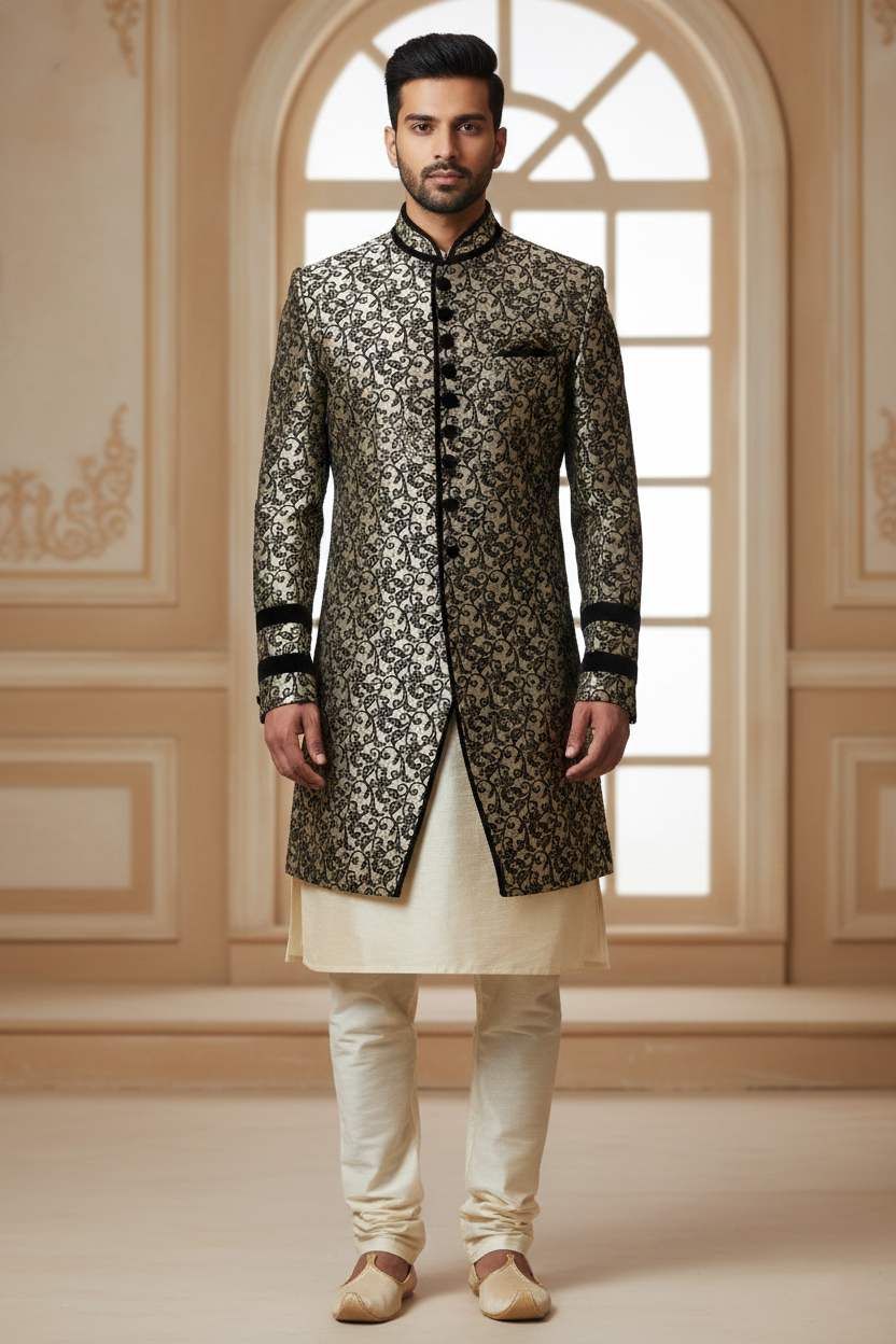 Black & Gold Floral Sherwani