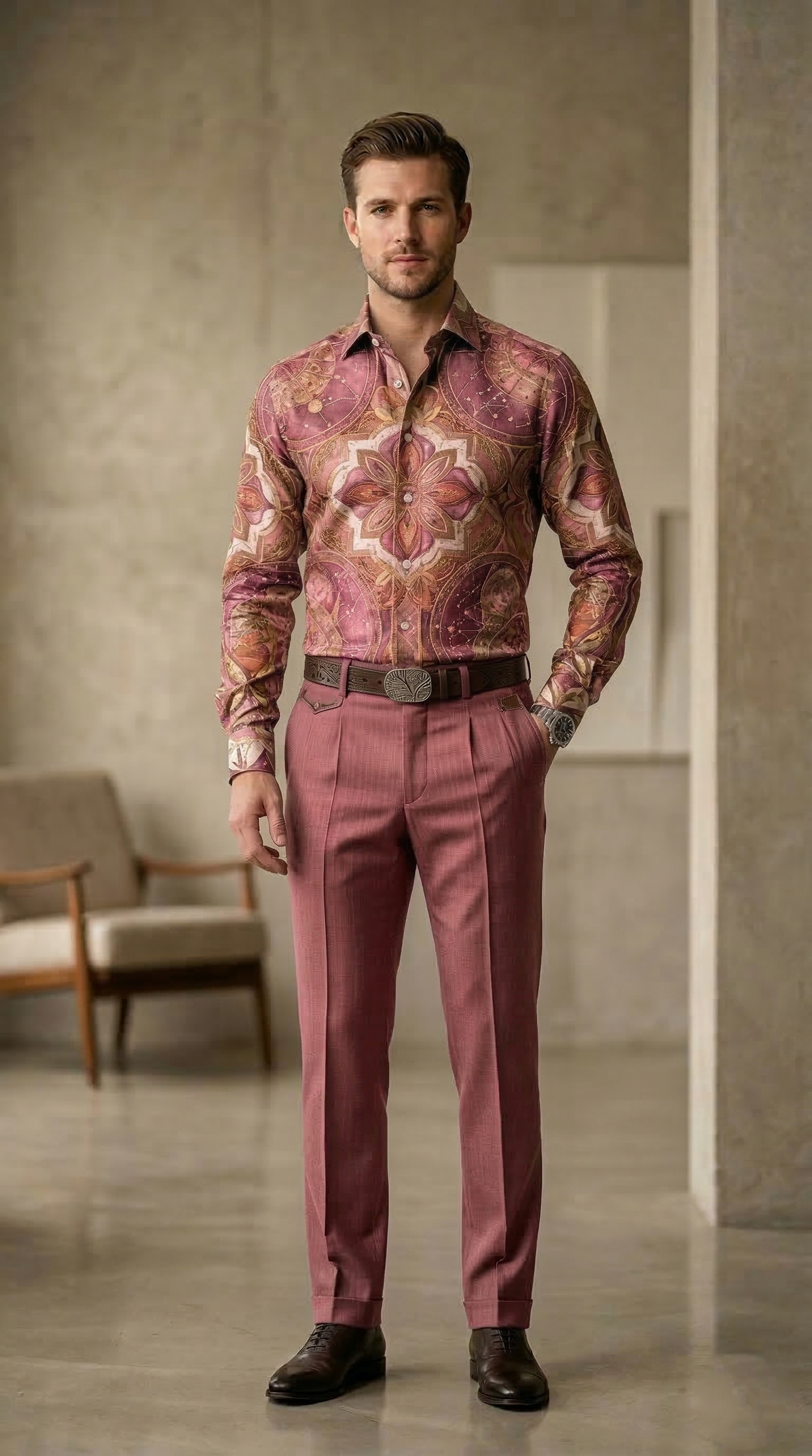 Designer Men'sDusty Rose Mandala Print Shirt , Celestial Gold & Mauve Ornate Motif