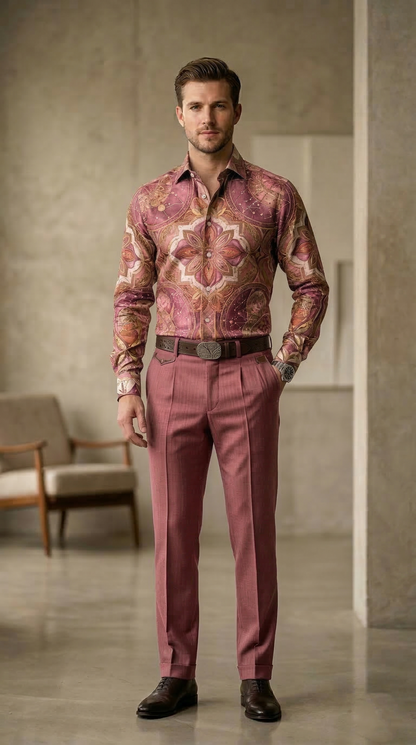Designer Men'sDusty Rose Mandala Print Shirt , Celestial Gold & Mauve Ornate Motif