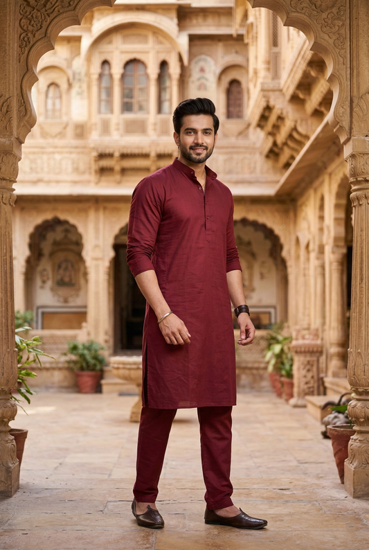 Men'sWine Red Cotton Silk Plain Kurta Pajama Set