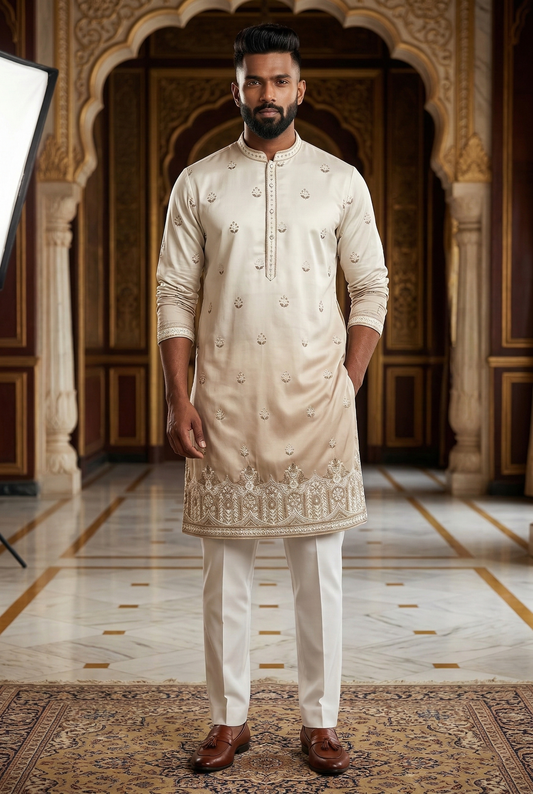 Men's Cream Ombré Embroidered Designer Kurta Pajama