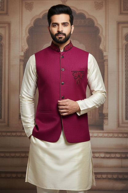 Men’s Wine Embroidered Nehru Jacket with Ivory Kurta