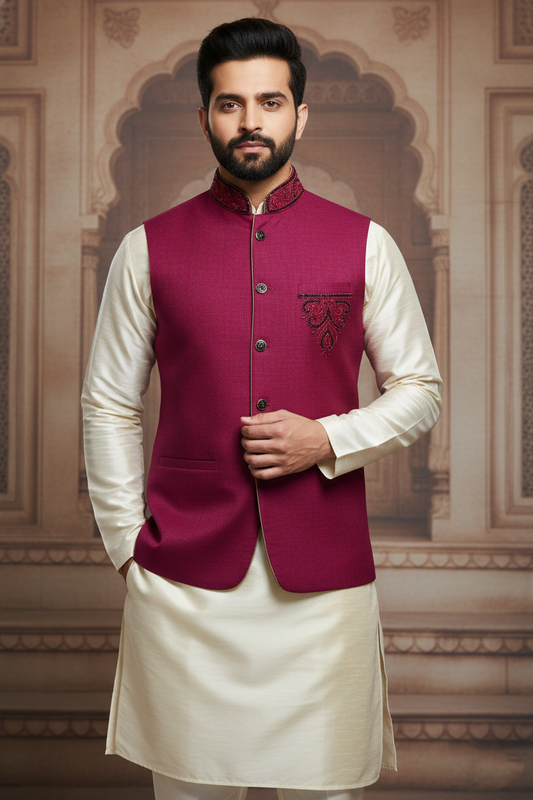 Men’s Wine Embroidered Nehru Jacket with Ivory Kurta