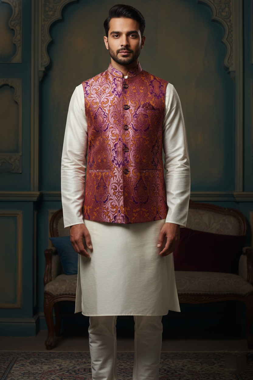 Men’s Wine Printed Nehru Jacket with Ivory Kurta