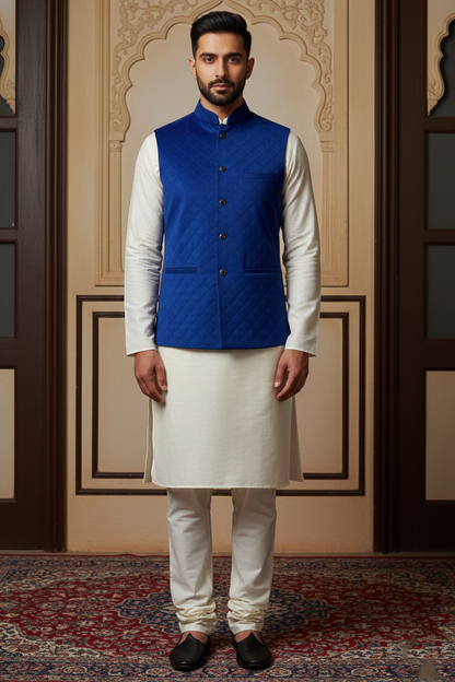 Men’s Royal Blue Quilted Velvet Nehru Jacket