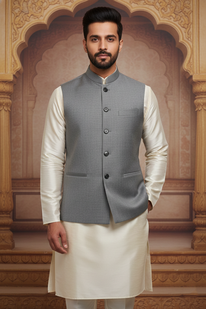 Classic Grey Textured Nehru Jacket with Cream  Kurta Set