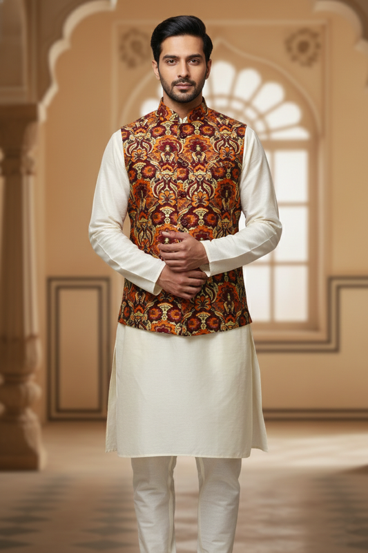 Men’s Rust Printed Nehru Jacket with Ivory Kurta