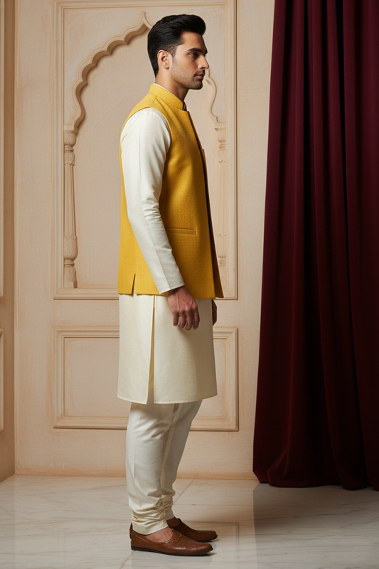 Mustard Nehru Jacket with Cream Kurta Set