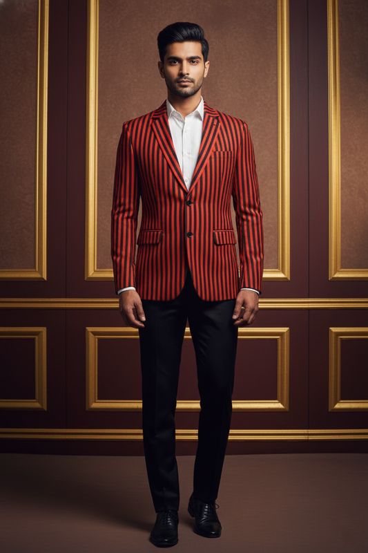 Red & Black Striped Two-Button Blazer