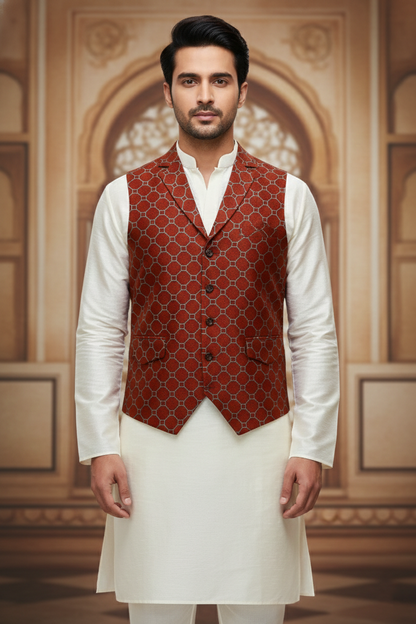 Men’s Red Designer Waistcoat | Sky Blue Line Work Slim Fit Festive Vest