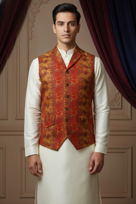 Men's Premium Banarasi Silk Textured Waistcoat in Burnt Orange and Gold