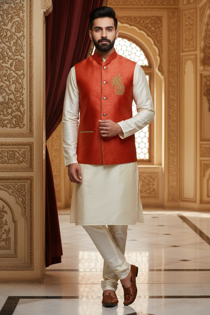 Bright Orange Nehru Jacket with Cream Kurta Set