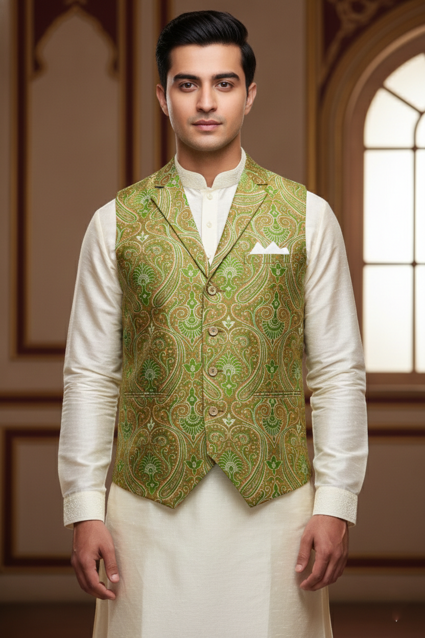 Men’s Green Brocade Nehru Jacket | Ethnic Wedding Festive Party Wear Mandarin Collar Sleeveless Waistcoat for Kurta & Indo-Western Outfit