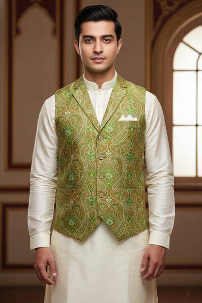 Men’s Green Brocade Nehru Jacket | Ethnic Wedding Festive Party Wear Mandarin Collar Sleeveless Waistcoat for Kurta & Indo-Western Outfit