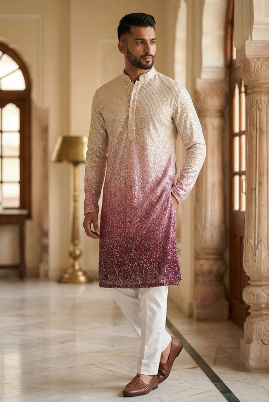 Men'sOmbre Sequin Designer Kurta Pajama in Wine & Cream