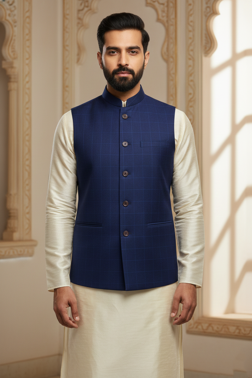 Men's Royal Blue Windowpane Check Nehru Jacket – Classic Slim Fit Ethnic Waistcoat for Weddings & Semi-Formal Events