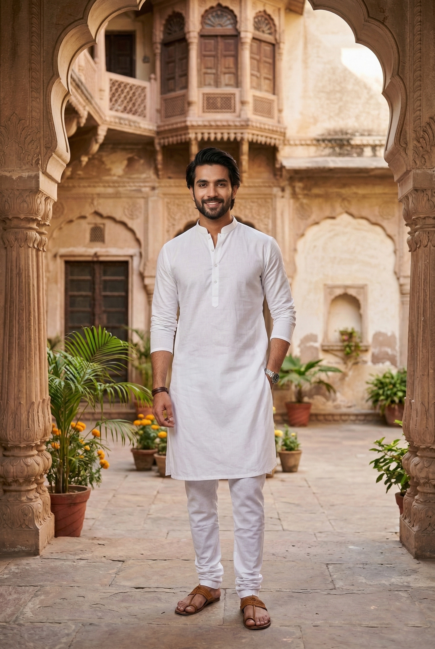 Men's Pure White Cotton Linen Plain Kurta Pajama Set