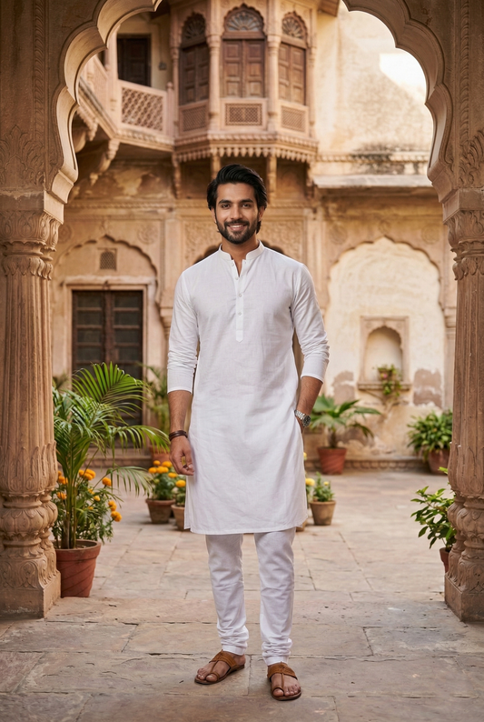 Men's Pure White Cotton Linen Plain Kurta Pajama Set