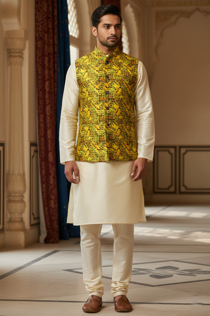 Sun-Drenched Citron: The Radiant Geometric Nehru Jacket