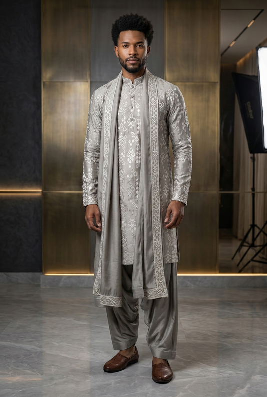 Men'sSilver Silk Designer Kurta Pajama with Stole