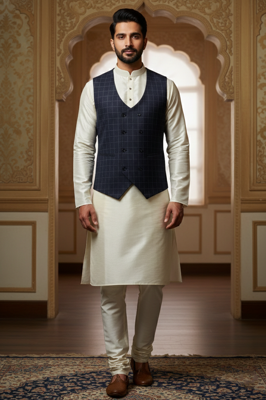 Men's Navy Blue Windowpane Double-Breasted Waistcoat