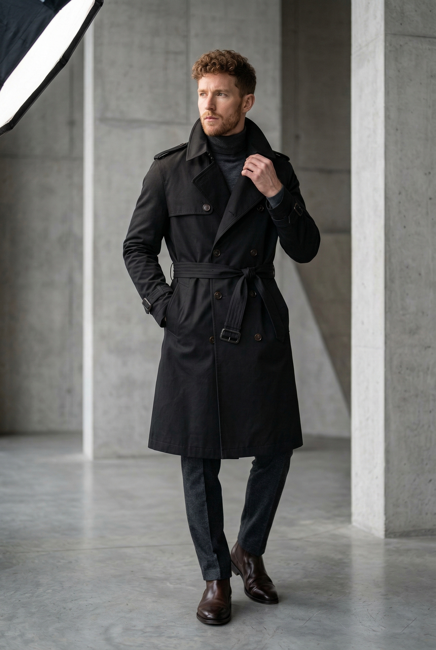 Men'sOnyx Black Belted Slim-Fit Trench Coat