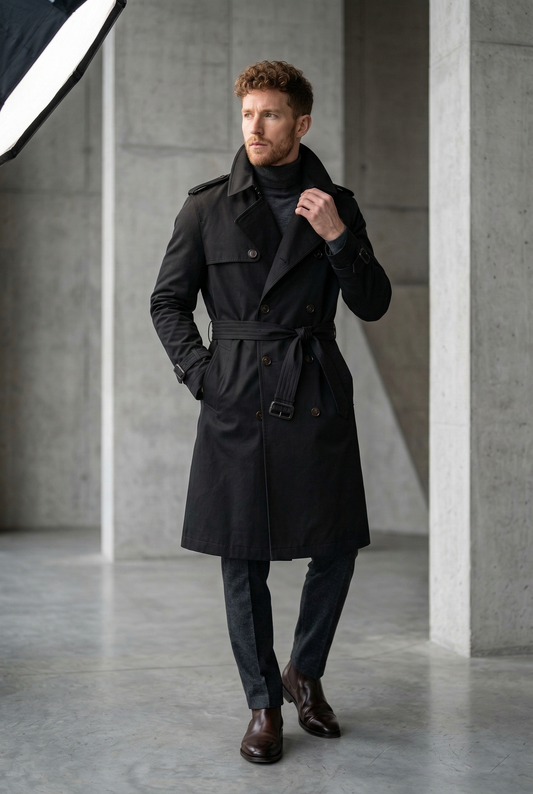 Men'sOnyx Black Belted Slim-Fit Trench Coat