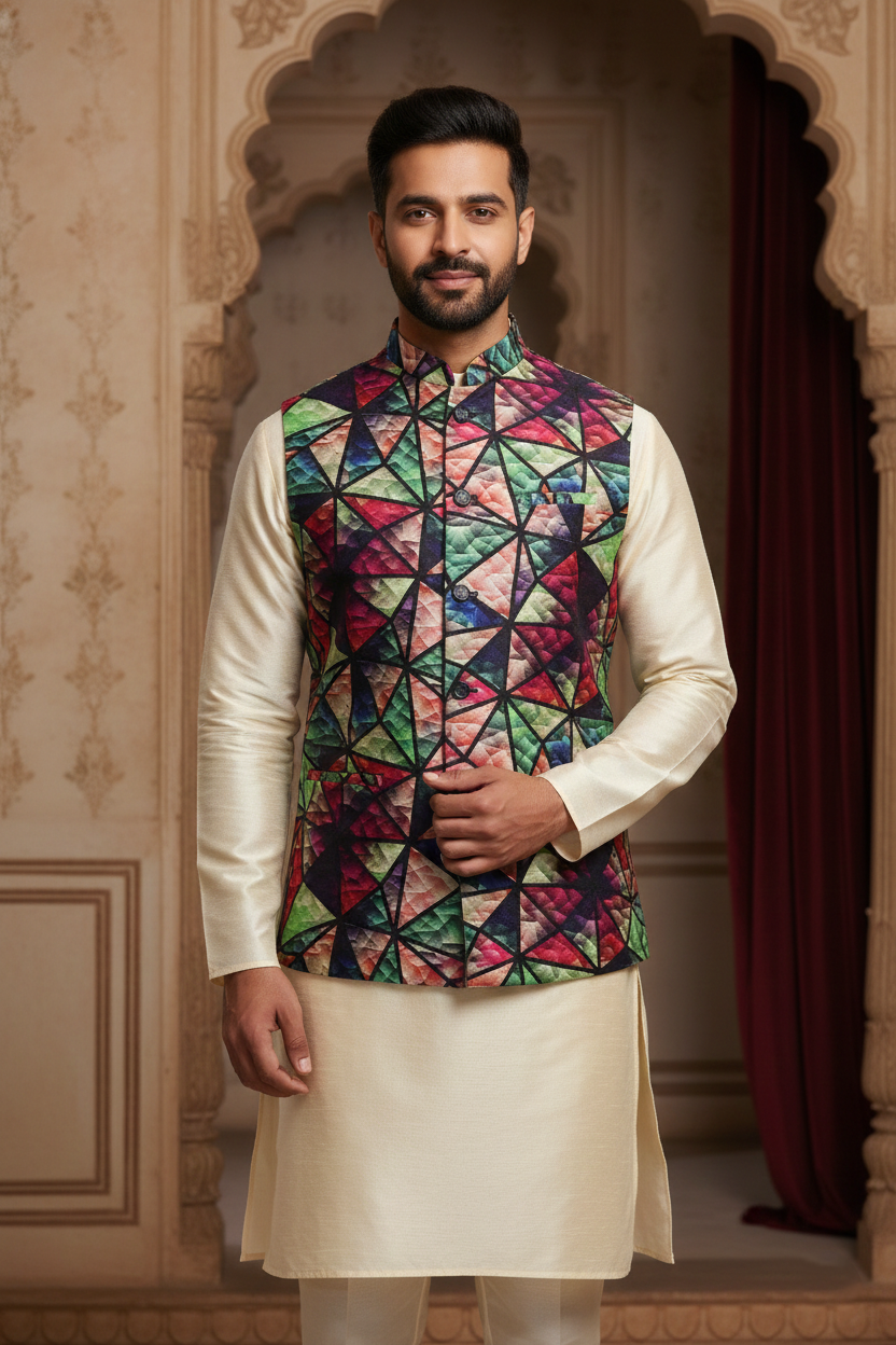 Geometric Fusion: The Avant-Garde Abstract Nehru Jacket