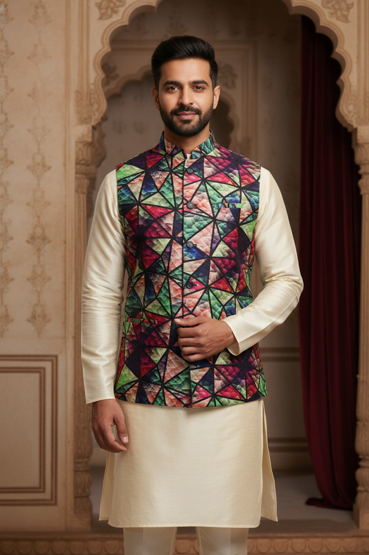 Geometric Fusion: The Avant-Garde Abstract Nehru Jacket