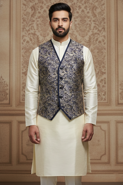 Blue Paisley Jacquard Waistcoat with Cream Silk  Kurta Set