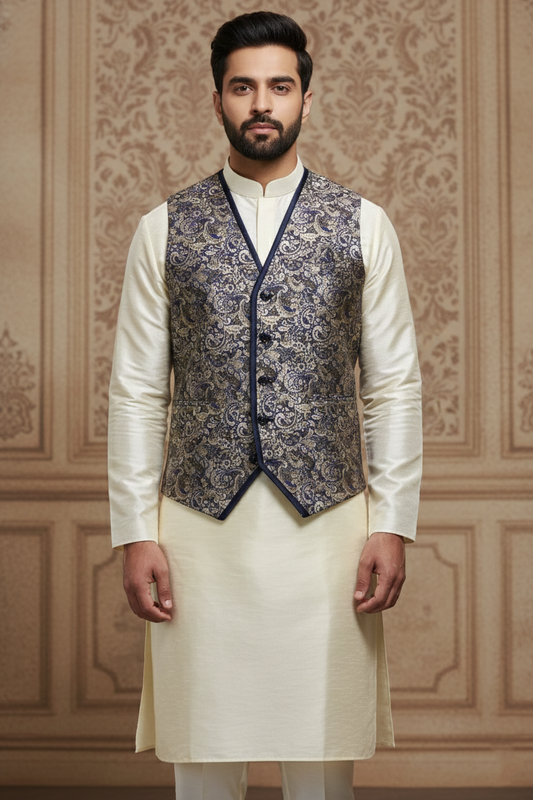 Blue Paisley Jacquard Waistcoat with Cream Silk  Kurta Set