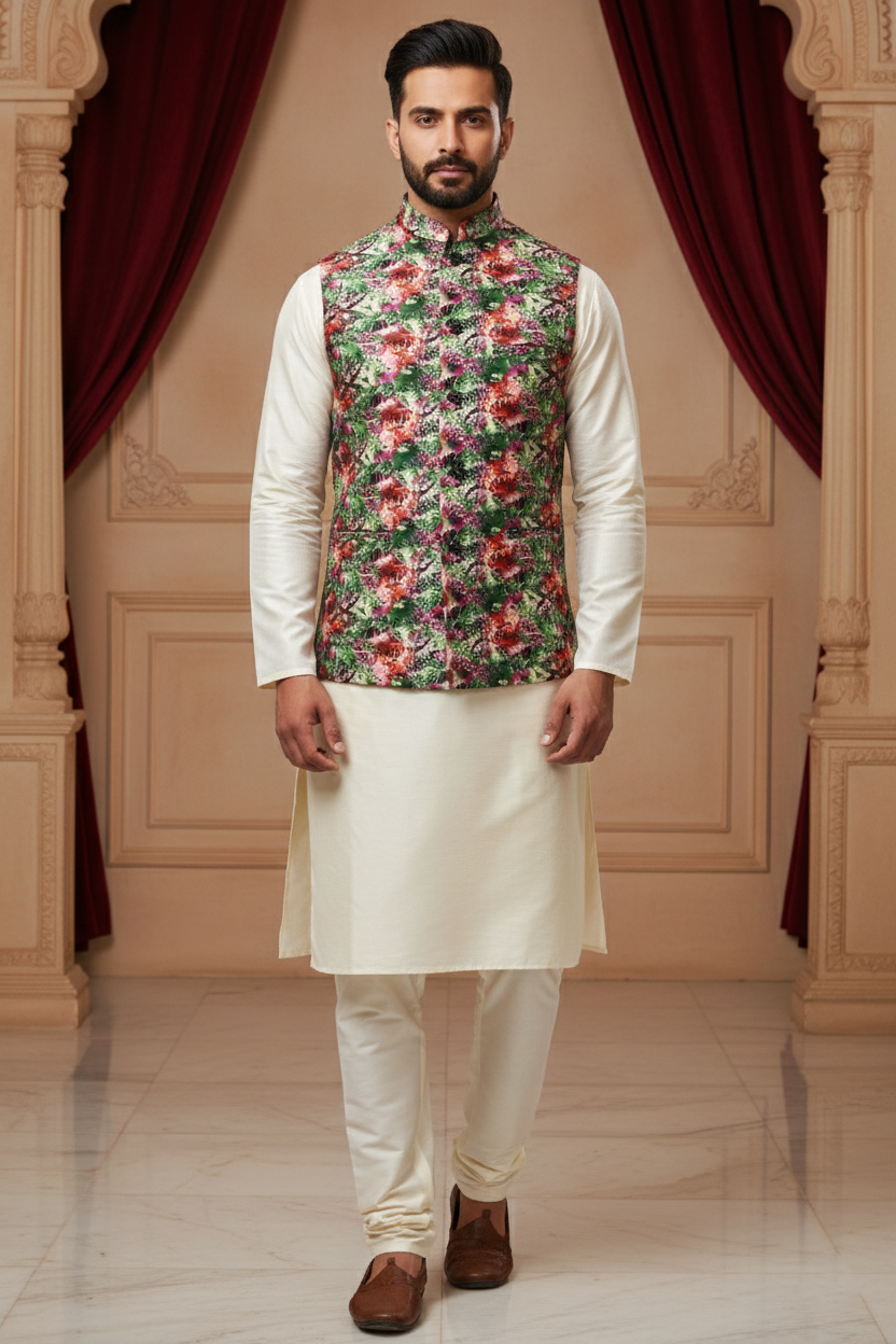 Vibrant Verdant Bloom: Men’s Floral Nehru Jacket