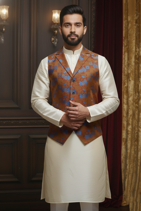 Men’s Rust Orange Floral Designer Waistcoat | Slim Fit Festive & Party Wear Vest