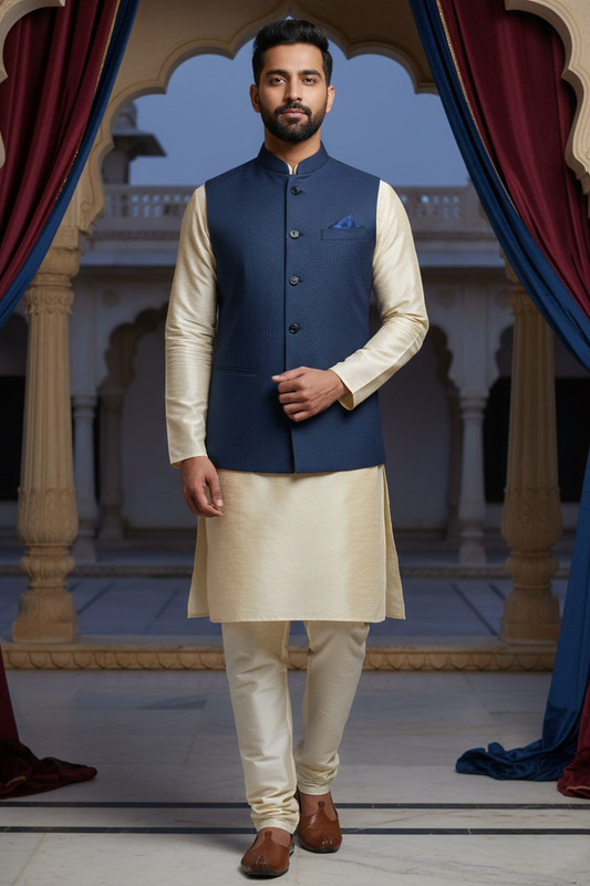Men's Navy Blue Micro-Check Nehru Jacket – Textured Slim Fit Ethnic Waistcoat for Weddings & Formal Events