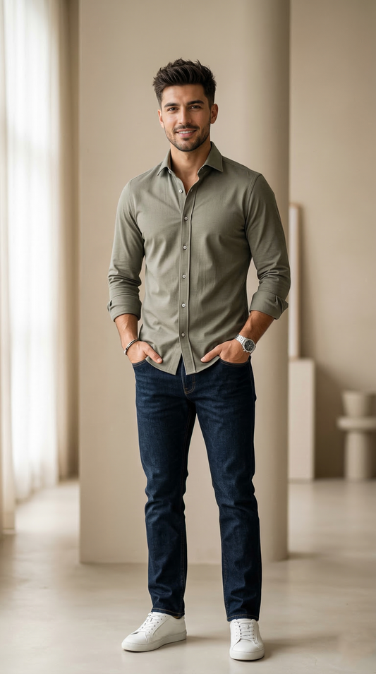 Men'sSage Green Jersey-Cotton , The Ultimate Comfort Casual Button-Down
