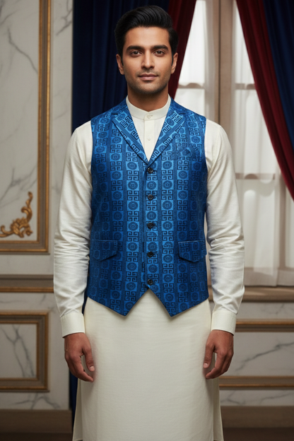 Men’s Royal Blue Designer Printed Waistcoat | Slim Fit Party & Festive Vest