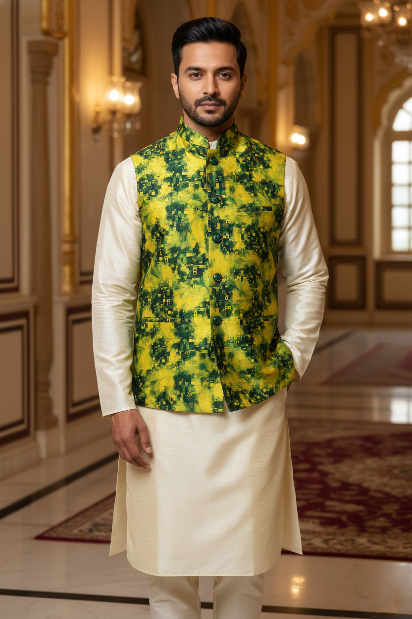 Title: Abstract Verve: The Contemporary Lime and Emerald Nehru Ensemble