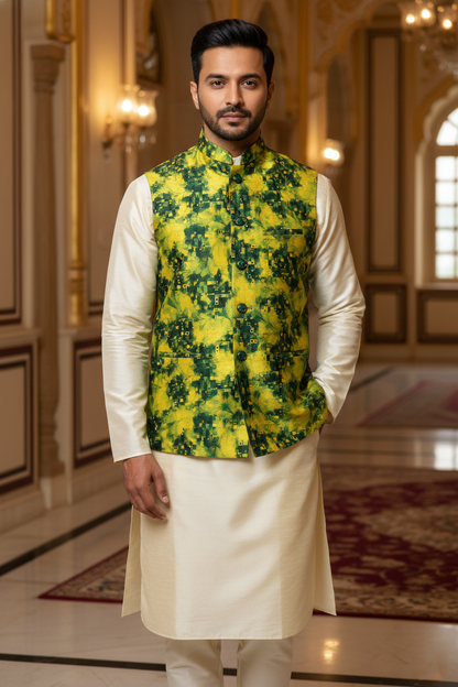 Title: Abstract Verve: The Contemporary Lime and Emerald Nehru Ensemble