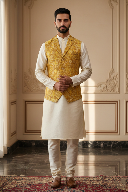 Men's Luxury Mustard Yellow Paisley Jacquard Nehru Jacket – Modern Notched Lapel Ethnic Waistcoat for Weddings and Festivals