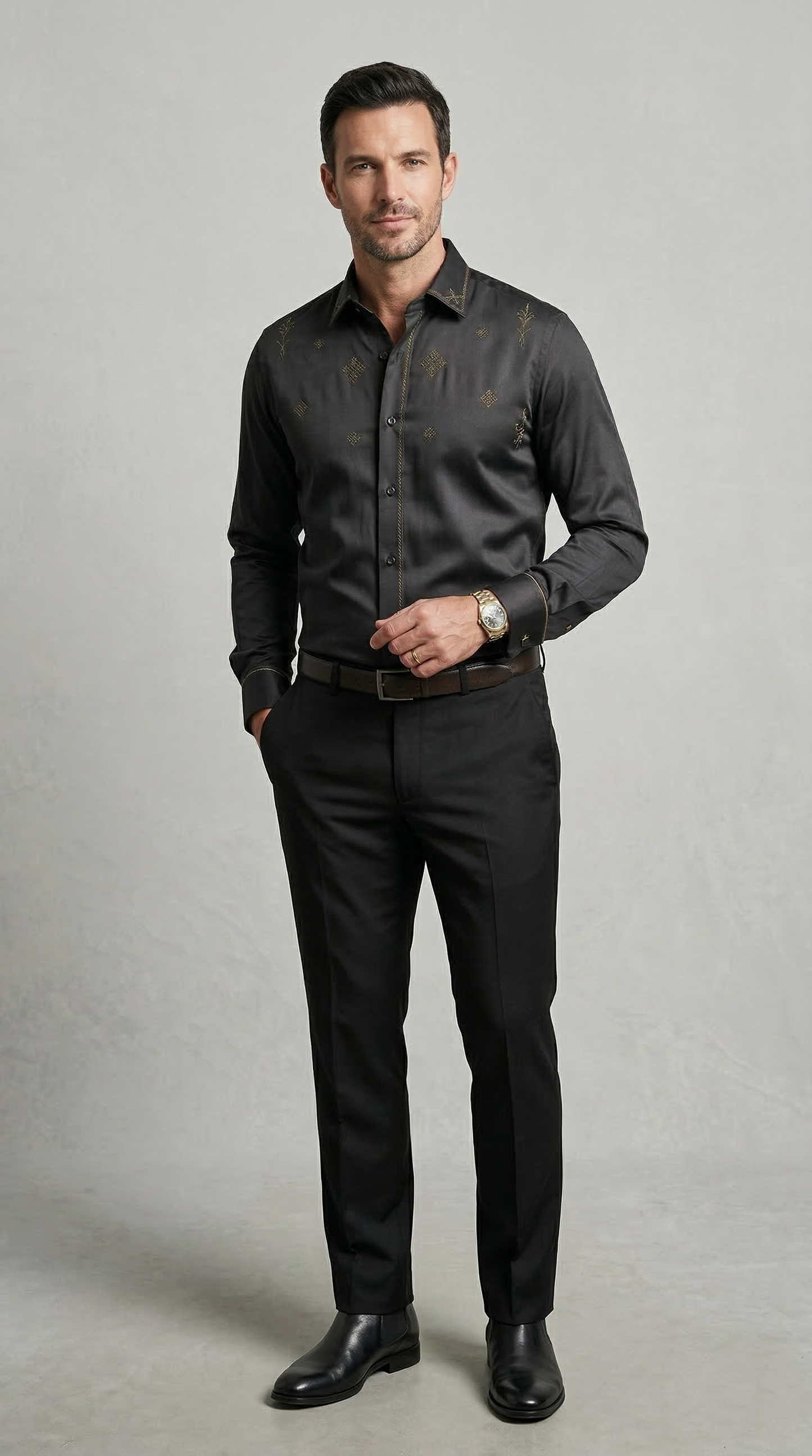 Designer Men'sCharcoal Black Embroidered Dress Shirt , Gold Filigree & Geometric Motif