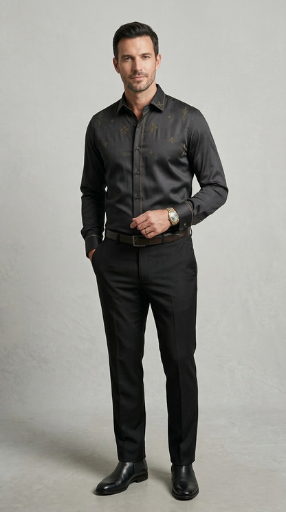 Designer Men'sCharcoal Black Embroidered Dress Shirt , Gold Filigree & Geometric Motif