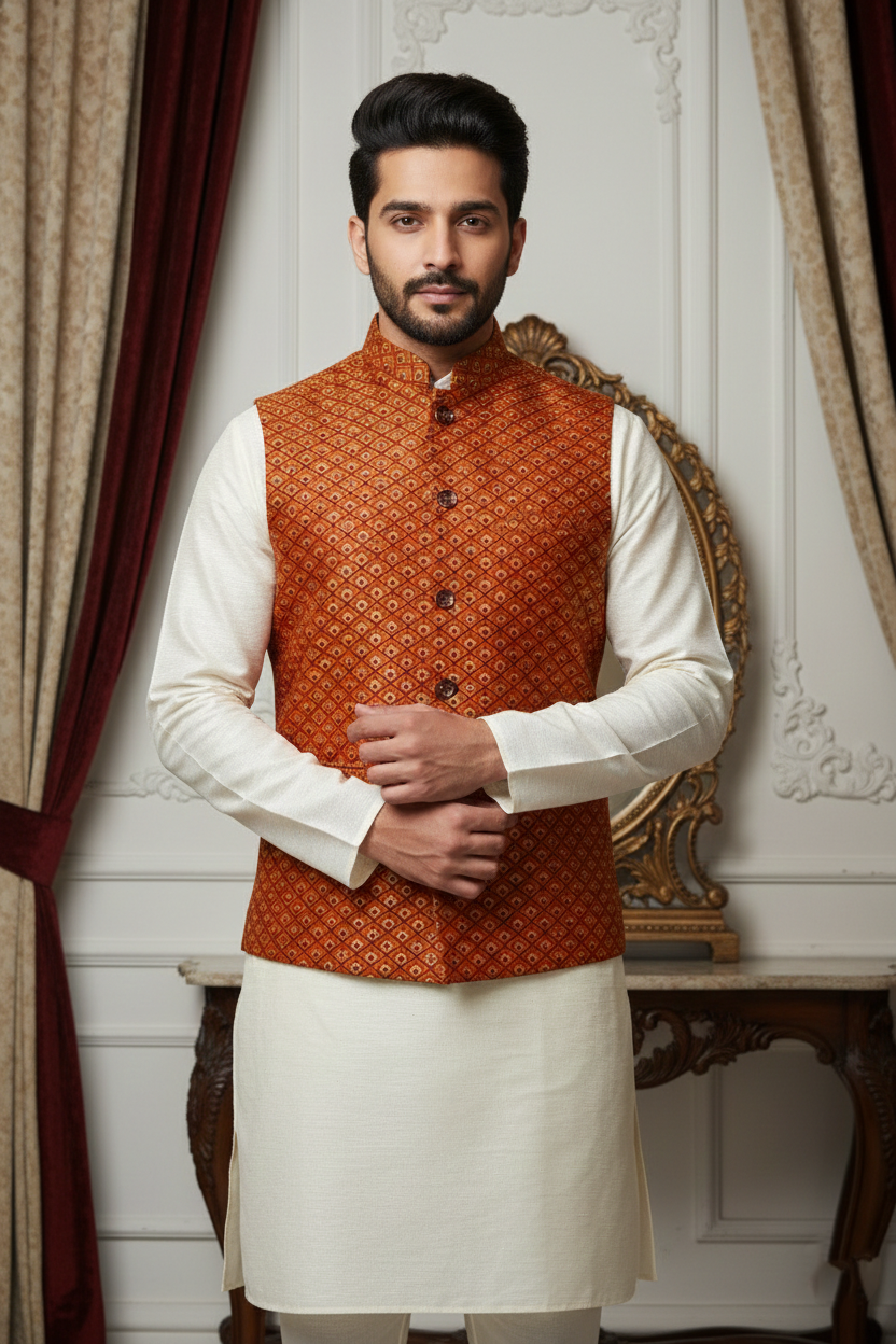 Men’s Rust Jacquard Nehru Jacket with Ivory Kurta  Pajama